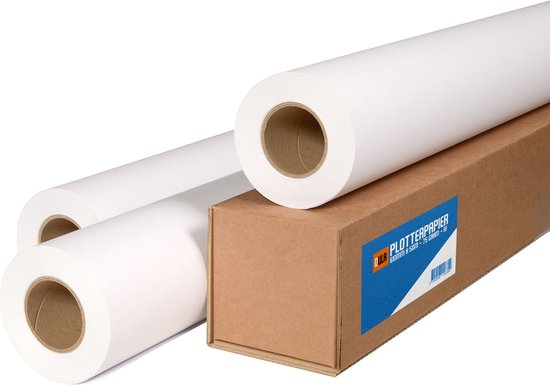 Twee witte rollen plotterpapier naast een bruine kartonnen doos met een blauw DULA PLOTTERPAPIER label.