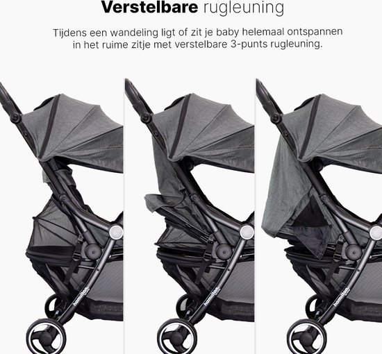 Drie posities van de rugleuning van een donkergrijze hamilton buggy: rechtop, half en liggend.