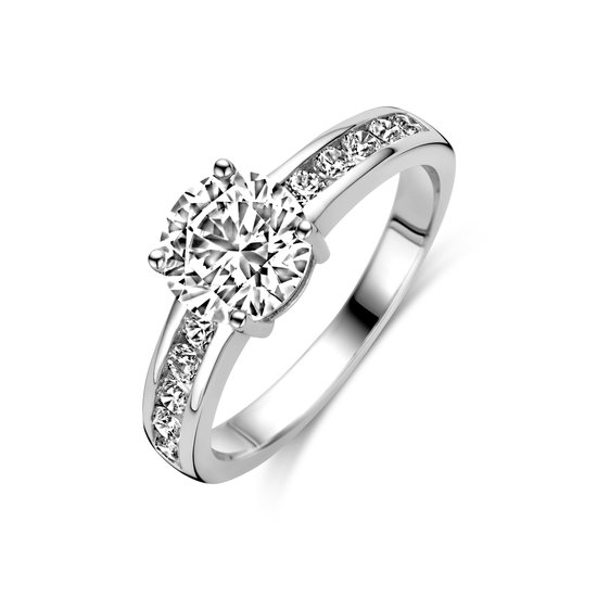 Schitterende Gerhodineerde Zilveren Ring Zirkonia 17.75 mm. maat 56 | Aanzoeksring | Verlovingsring