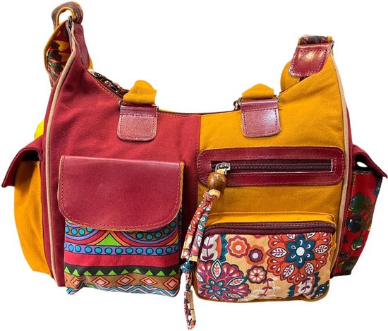 Macha Zak met Multipocket Katoen en leer Crossbody tas Indiase stijl met kleurrijke prints voor vrouwen