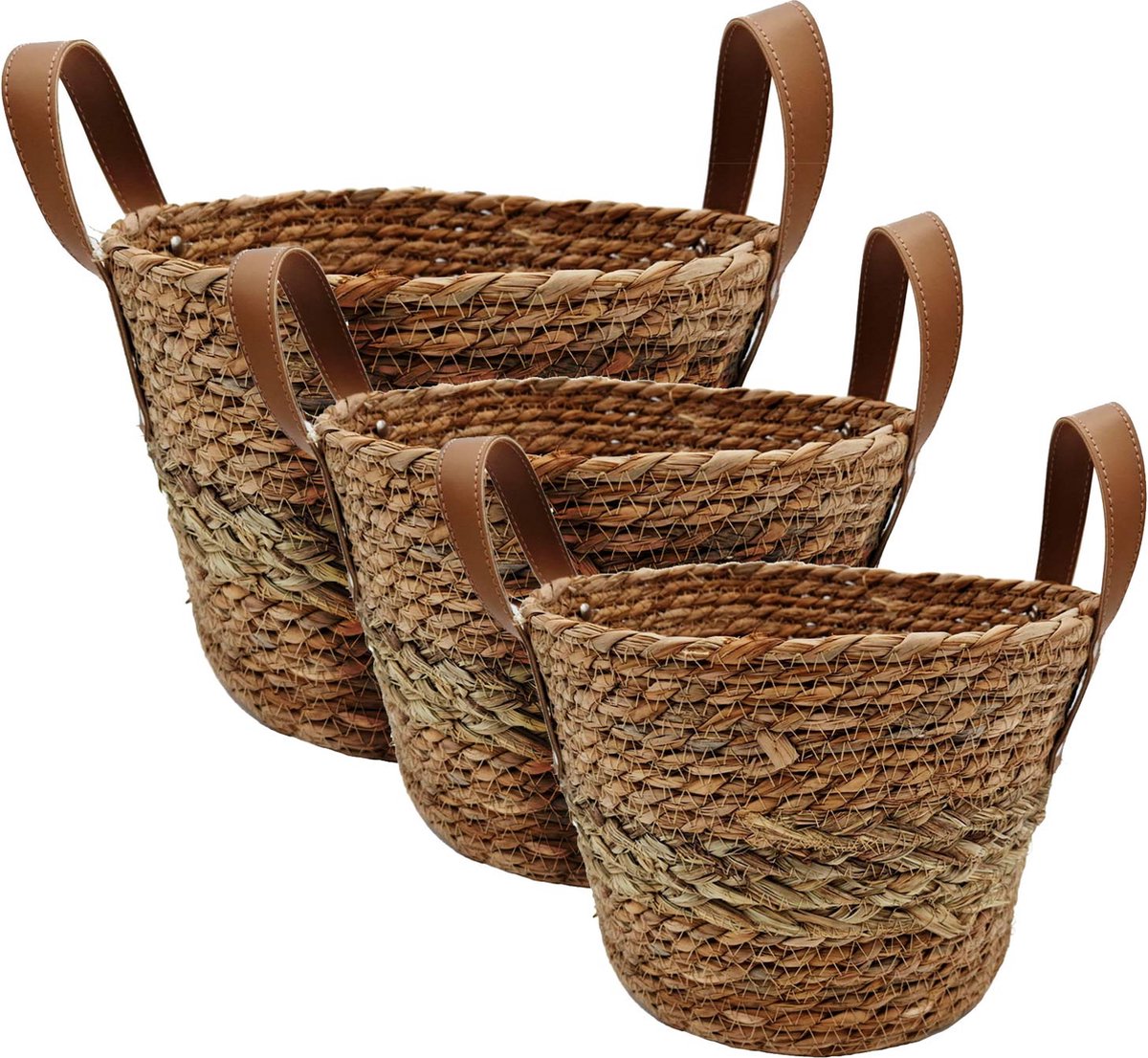 Set van 3 zeegras opbergmanden - 25 / 21 / 17 cm - multifunctionele mandenset met kunstleren handvatten - decoratieve mand