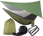 Hangmat met muggennet en tentzeil - Belastbaar tot 200 kg - Ultralicht en ademend - Voor op reis en camping - 290 cm x 140 cm - Legergroen - Ideaal voor outdoor gebruik