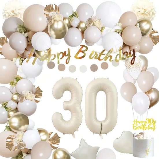 Décoration de fête pour 30 ans en beige et blanc, avec une grande arche de ballons, des ballons, des ballons en forme d'étoile et de cœur, une bannière 'Joyeux Anniversaire' et une décoration de gâteau.