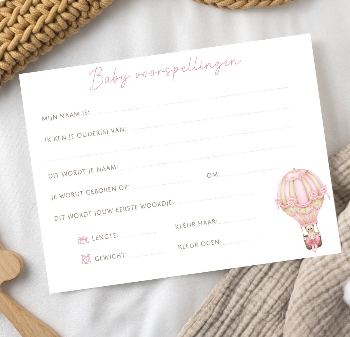 Babyshower invulkaarten 10 stuks | babyshower | babyshower voorspellingskaarten | babyshower kaarten | babyshower spelletjes | babyshower meisje | babyshower jongen | beer roze