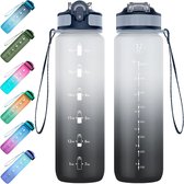 waterfles Leak-proof Water Bottle, 1L Fitness Sports with Straw & Time Marker BPA Free Bottle (BlackGrey)