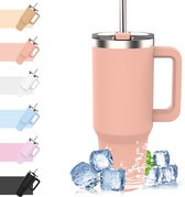 YYchan tumbler met rietje - coffee to go beker - 1.2 L - thermosbeker koffie met handvak - drinkfles - travel mug - vaderdag cadeau - thermosbeker koffie - Roze