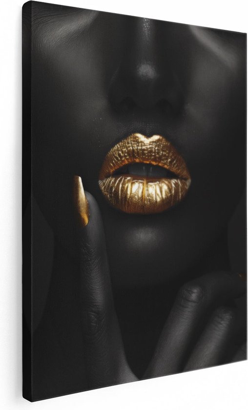 Artaza Canvas Schilderij Zwarte Vrouw met Gouden Lippen op een Zwarte Achtergrond - 90x120 - Wanddecoratie - Foto Op Canvas - Canvas Print