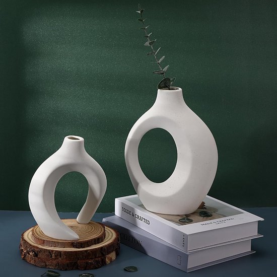 Vase Décoratif En Céramique Beige Mat - Forme Ronde Type Beignet - 18 X 19,3 Cm - Fait Main - Décoration Moderne Salon