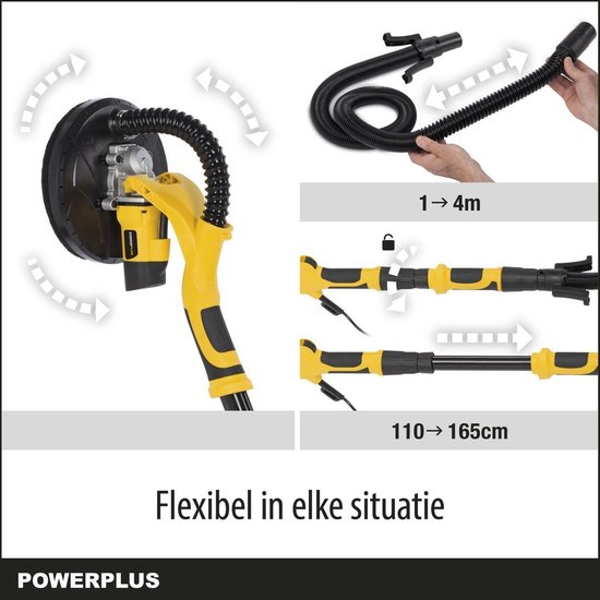 Overzicht van de gele en zwarte schuurmachine met flexibele slang en uitschuifbare steel. Illustraties tonen verlenging en slanglengte. Tekst: Flexibel in elke situatie.