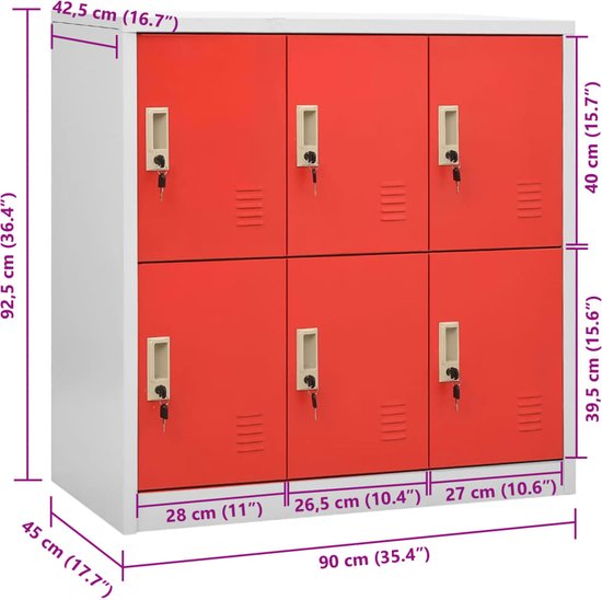 vidaXL - Lockerkast - 90x45x92,5 - cm - staal - lichtgrijs - en - rood