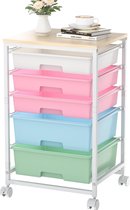 Bol.com Opbergwagen op wielen trolley met 5 laden multifunctionele wagen met houten tafelblad voor keuken woonkamer slaapkamer k... aanbieding