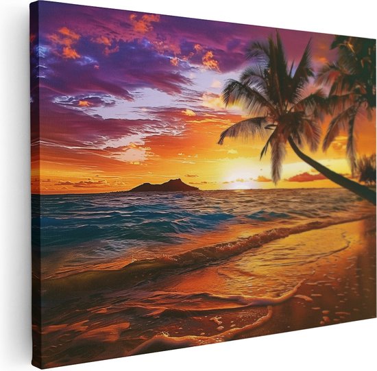 Artaza Canvas Schilderij Zonsondergang op een Strand met Palmbomen - Foto Op Canvas - Canvas Print