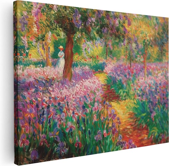 Peinture d'un jardin luxuriant rempli d'iris violets et roses, avec au fond une femme en blanc sous un arbre.
