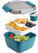 To Go Salade Container Lunch Container, BPA-vrij, 3-compartiment voor salade toppings en snacks, slakom met dressing container, ingebouwde herbruikbare lepel, magnetron veilig (donkerblauw)