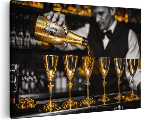 Artaza Canvas Schilderij Barman Giet Champagne in Gouden Fluiten - 60x40 - Wanddecoratie - Foto Op Canvas - Canvas Print