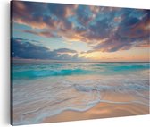 Artaza Canvas Schilderij Strand met Golven bij Zonsondergang - 30x20 - Klein - Foto Op Canvas - Canvas Print