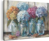 Artaza Canvas Schilderij Hortensia's in Glazen Potten - 30x20 - Klein - Foto Op Canvas - Canvas Print