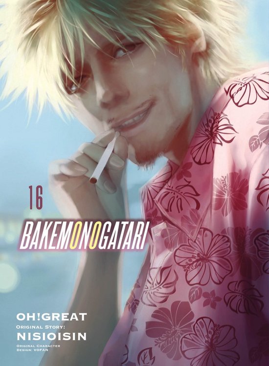 Revers van een man met blond haar, die een sigaret vasthoudt en een roze Hawaiiaans shirt draagt met bloemenprint. Titel: BAKemonogatari 16.