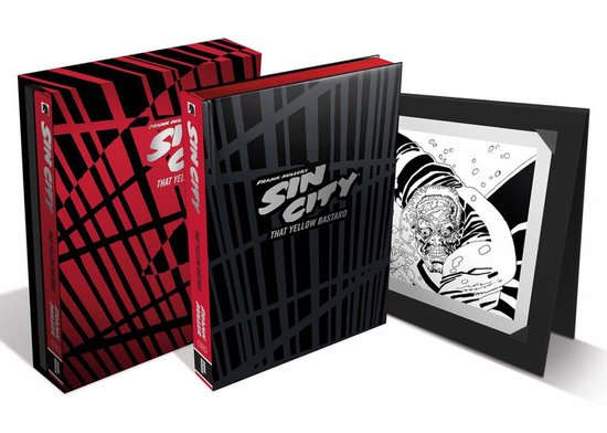 Grijze slipcase met rode strepen, een zwart boek met rode lijnen en ingelijste zwart-wit tekening van een monster.