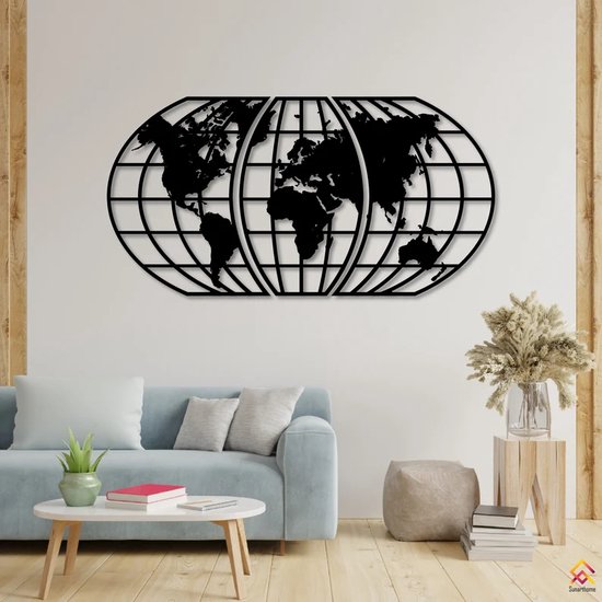 BT Home - 3 pièces carte du monde décoration murale déco moderne - Décoration murale - Zwart - Art en bois - Décoration murale murale - Dessin au Line - Art mural - Bohème - Panneaux muraux - Salon