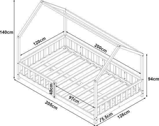 Technische tekening van een houten ledikant in huisjesstijl, met afmetingen aangegeven.