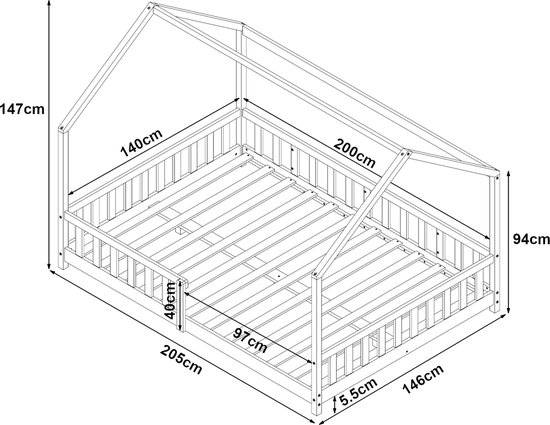 Houten kinderbed in huisjesvorm, afmetingen 140x200 cm, met uitvalbeveiliging en duidelijke maataanduidingen.
