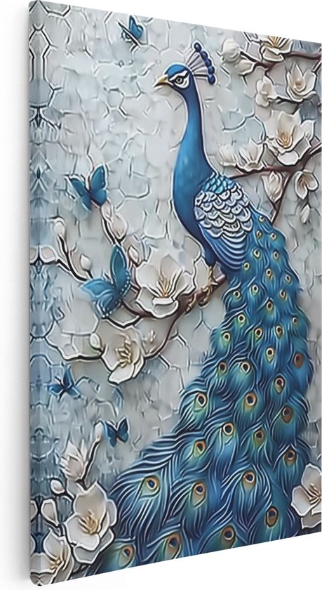 Artaza Canvas Schilderij Blauwe Pauw zit op een Tak - 40x60 - Wanddecoratie - Foto Op Canvas - Canvas Print