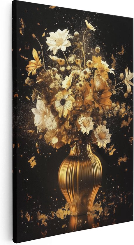 Artaza Canvas Schilderij Gouden Bloemen in een Vaas op een Zwarte Achtergrond - 80x120 - Groot - Foto Op Canvas - Canvas Print