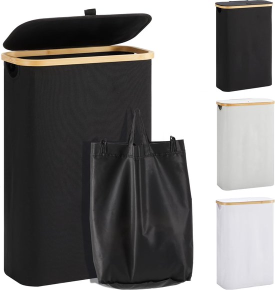 SONGMICS Wasmand met deksel, 90 l wasmand, verwijderbare waszak, Oxford-stof, bamboe handgrepen, opvouwbaar, 42 x 32 x 70,5 cm, inktzwart LCB509B01