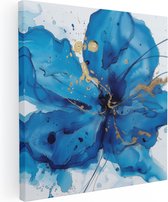 Artaza Canvas Schilderij Blauwe Bloem met Gouden Spetters - 60x60 - Muurdecoratie - Foto Op Canvas - Canvas Print