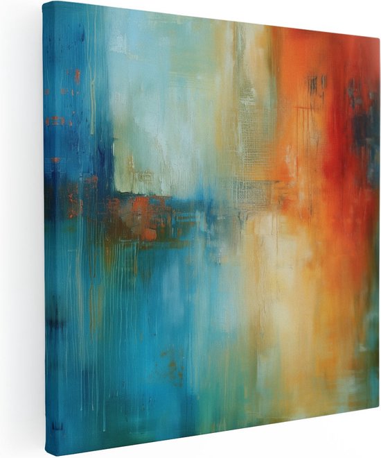 Artaza Canvas Schilderij Abstract Kunstwerk met Blauwe, Oranje en Rode Kleuren - 60x60 - Muurdecoratie - Foto Op Canvas - Canvas Print