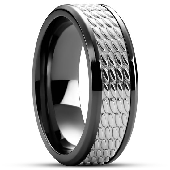 Hyperan | 8 mm Zwarte Titanium Ring met Zilverkleurig Ovaal Patroon
