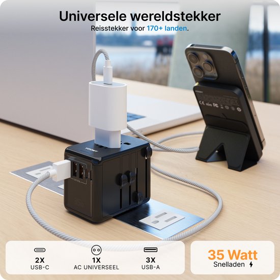 Voomy Universele Reisstekker 35W Snellader - Wereldstekker voor 200+ landen - 2 USB C & 3 USB A Poorten - Travel Adapter: Amerika (USA), Engeland (UK), Australië, Zuid Amerika, Afrika, Italië, Thailand - Zwart