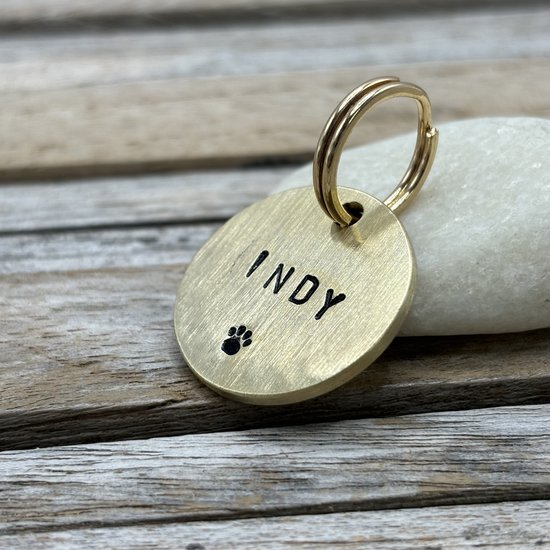 Dierenpenning 25 mm dubbelzijdig gegraveerd goud messing hand gestempeld inclusief dubbelzijdige gravure met naam en telefoonnummer voor kat of hond