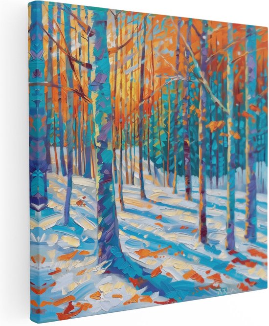 Artaza Canvas Schilderij Kunstwerk van een Besneeuwd Bos bij Zonsondergang - 90x90 - Groot - Foto Op Canvas - Canvas Print