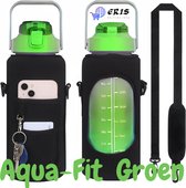 Aqua-Fit Groen 2 Liter - Waterfles - Drinkfles - Zwarte Draagtas met mobiele telefoon en sleutelhouder - Waterfles/Drinkfles met rietje - Grote waterfles - Gallon - Sportbidon - fitnessfles