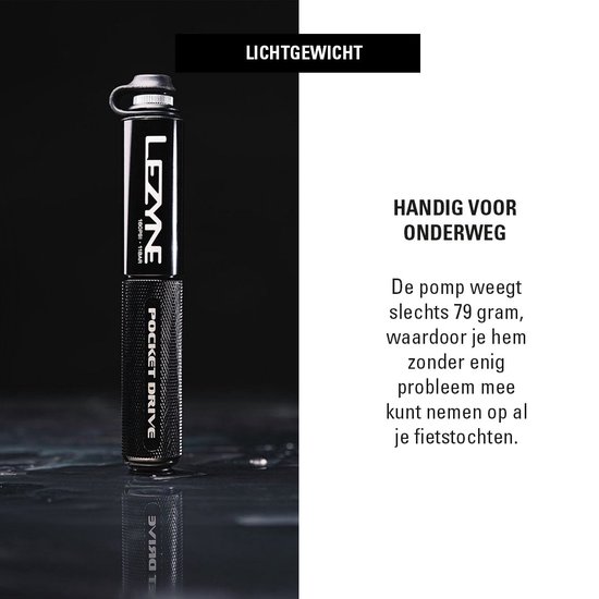 Lezyne Pocket Drive - Handpomp - Fietspomp - Tot 11 bar/16 psi - ABS Flex Hose - Presta en Schrader ventielen - Aluminium - Zwart van Lezyne — afbeelding 3