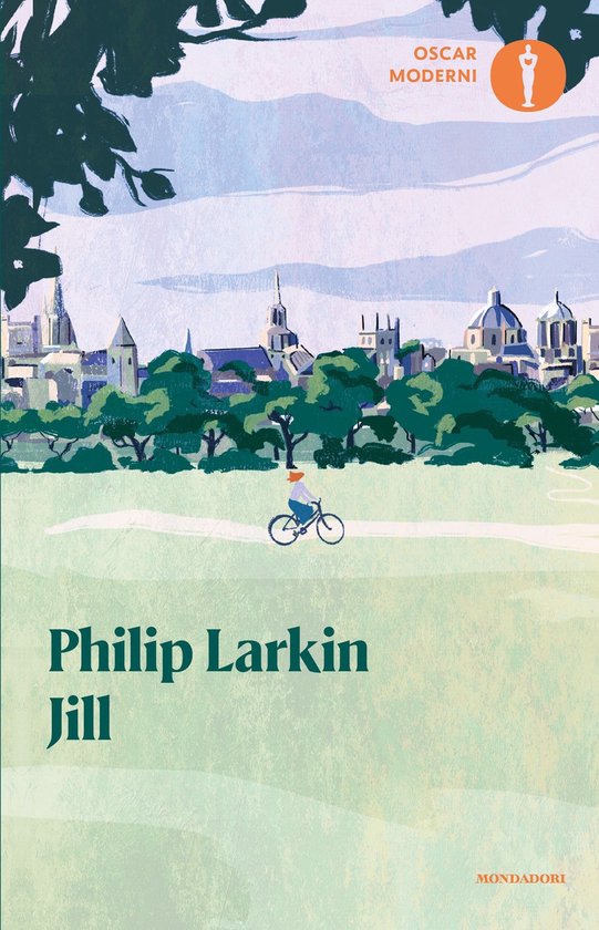 Couverture de livre illustrant une ville aux toits pointus, des arbres et un cycliste au centre. Le titre 'Jill' de Philip Larkin est au milieu.