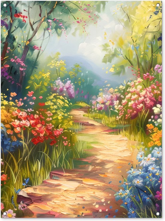 Tuinposter 90x120 cm - Tuindecoratie Natuur - Landschap - Bloemen - Kleurrijk - Poster voor in de tuin - Buiten decoratie - Schutting tuinschilderij - Tuindoek muurdecoratie - Wanddecoratie balkondoek