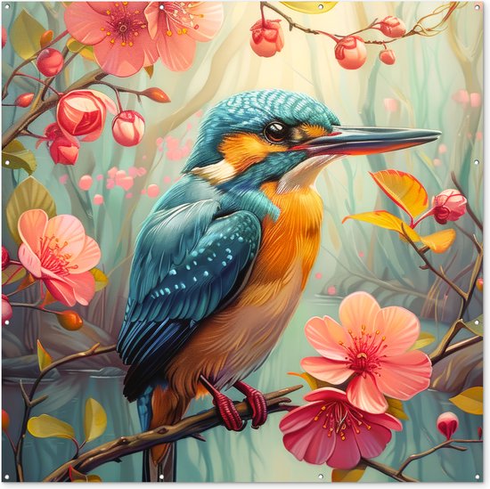 Tuinposter 200x200 cm - Tuindecoratie IJsvogel - Bloesem - Natuur - Vogels - Bloemen - Poster voor in de tuin - Buiten decoratie - Schutting tuinschilderij - Tuindoek muurdecoratie - Wanddecoratie balkondoek