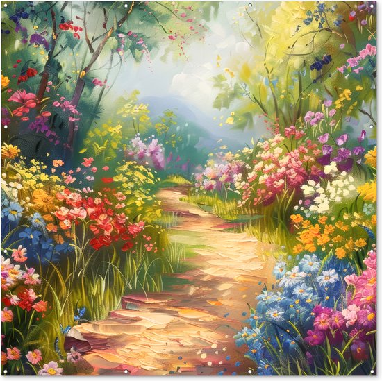 Tuinposter 200x200 cm - Tuindecoratie Natuur - Landschap - Bloemen - Kleurrijk - Poster voor in de tuin - Buiten decoratie - Schutting tuinschilderij - Tuindoek muurdecoratie - Wanddecoratie balkondoek