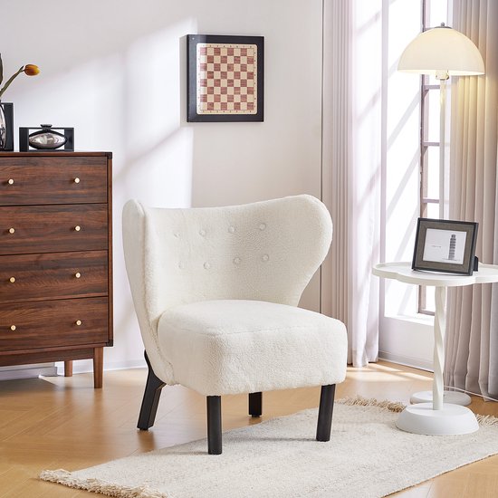 Sweiko Moderne vrije tijd stoel met hoge rugleuning en houten poten, imitatie lam pluche stoel, teddy pluche stoel, enkele sofa stoel, zachte kussen stoel, geschikt voor woonkamer en slaapkamer