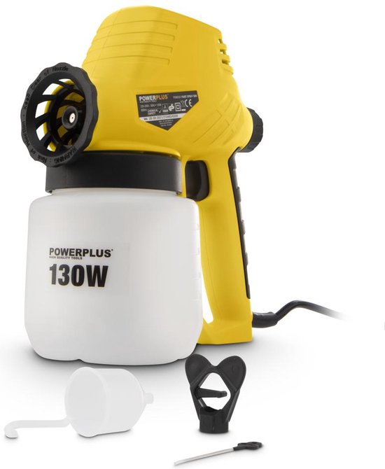 Geel Powerplus verfpistool met 130W en witte 800ml opvangbeker.