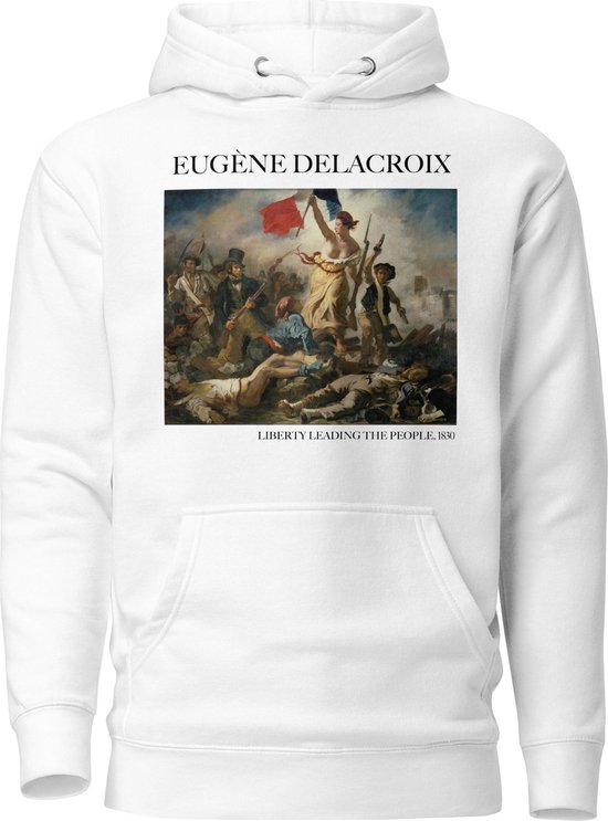 Eugène Delacroix 'Vrijheid leidt het volk' ("Liberty Leading the People") Beroemd Schilderij Hoodie | Unisex Premium Kunst Hoodie | Wit | XL