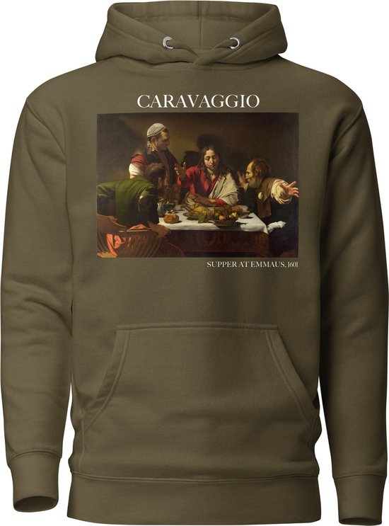 Caravaggio 'Maaltijd in Emmaus' ("Supper at Emmaus") Beroemd Schilderij Hoodie | Unisex Premium Kunst Hoodie | Military Green | XL