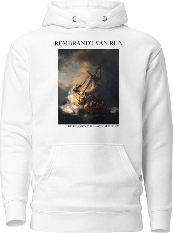Rembrandt van Rijn 'De Storm op het Meer van Galilea' ("The Storm on the Sea of Galilee") Beroemd Schilderij Hoodie | Unisex Premium Kunst Hoodie | Wit | XL