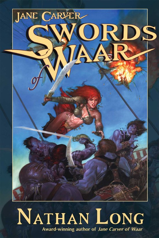 Bookcover met een rode vrouw met zwaard vechtend met paarse wezens. De titel is 'Swords of Waar'.