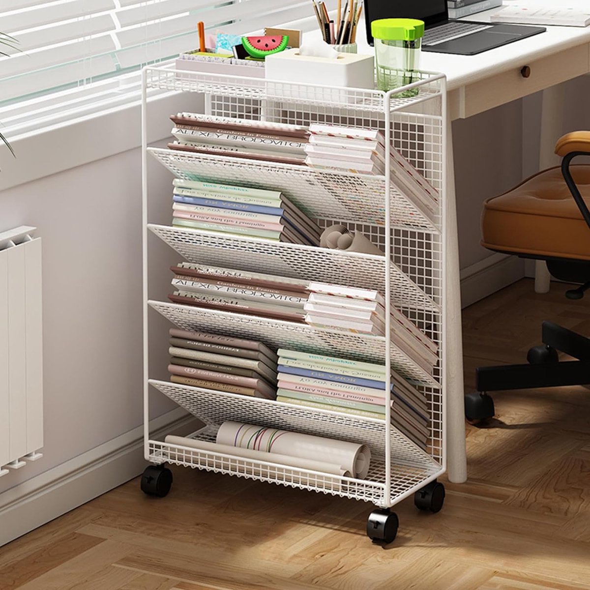 Verplaatsbare Boekenplank, Meerlagig Draaibaar, Verwijderbaar Plastic, Praktisch, Rollend Organisatierek, Grote Capaciteit, Verplaatsbare Boekenplank, Bureau, Ordnerorganizer met (Wit