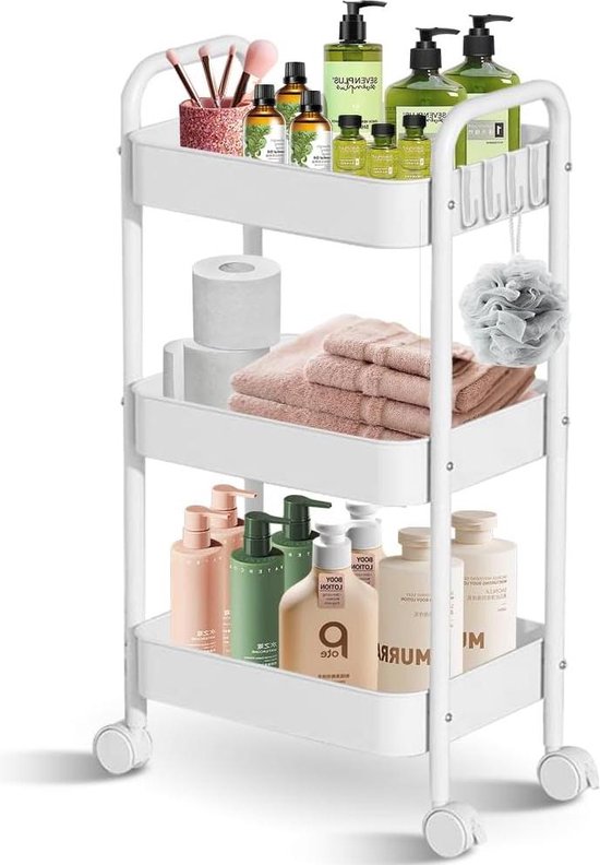 maxplore metalen rolwagen, 4 verdiepingen, keukenrolwagen met handgrepen, vergrendelbare wielen, voor woonkamer, badkamer, keuken, kantoor, wit