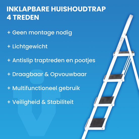 IVOL Huishoudtrap 4 treden - Keukentrap Inklapbaar - Wit - Antislip - Max. hoogte 93 cm